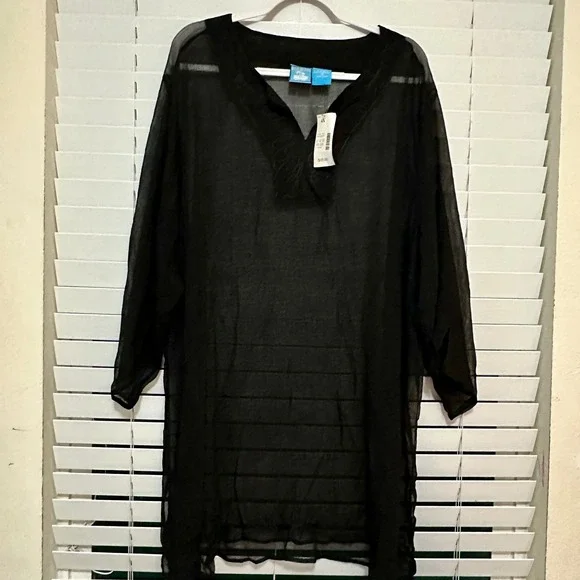 Blue Island New York Black Sheer Embroidered Tunic Swim Cover Up Plus Size 4X - Picture 1 of 4